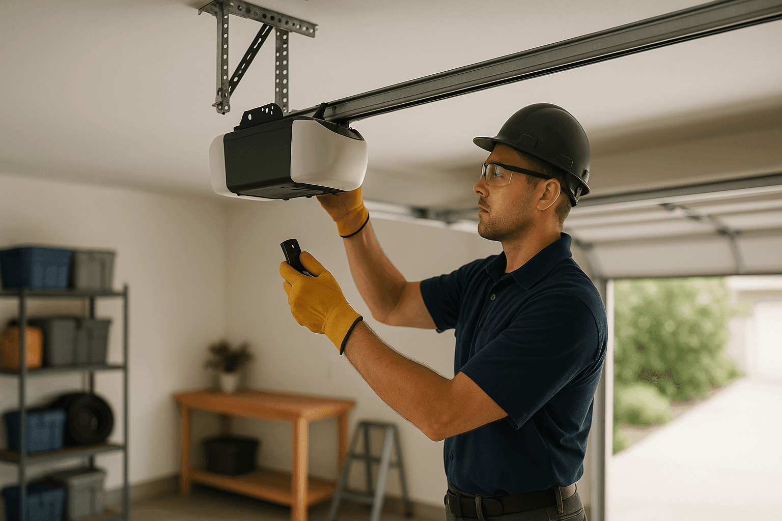 Técnico instalando un nuevo motor de abridor de puerta de garaje con control remoto en mano