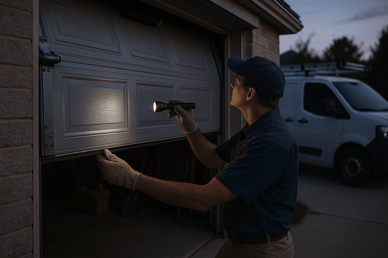 Homeowner examining a garage door with a flashlight during an emergency repair situation