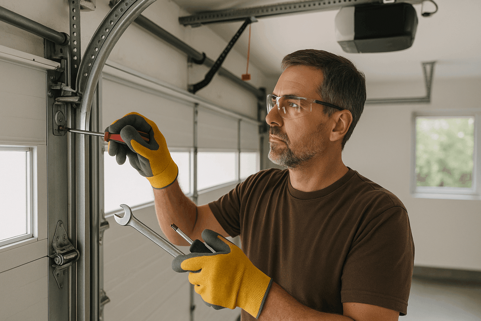Propietario inspeccionando el mecanismo de una puerta de garaje con herramientas y guantes de seguridad