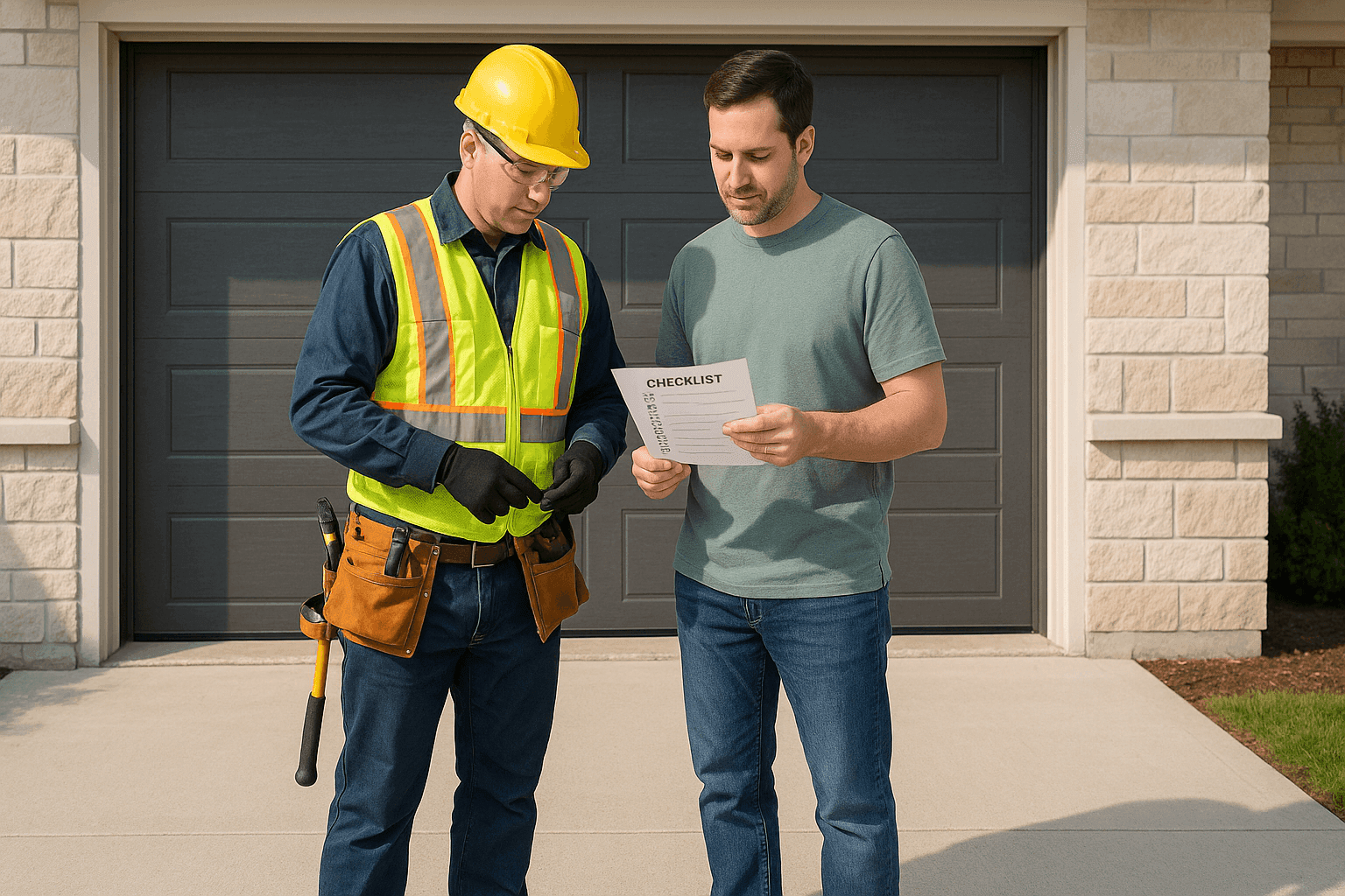 Propietario entrevistando a un técnico de puertas de garaje con una lista de verificación en la mano