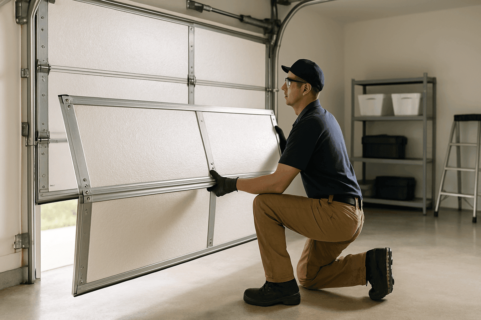 Technician installing insulated garage door panels in a clean, well-lit garage