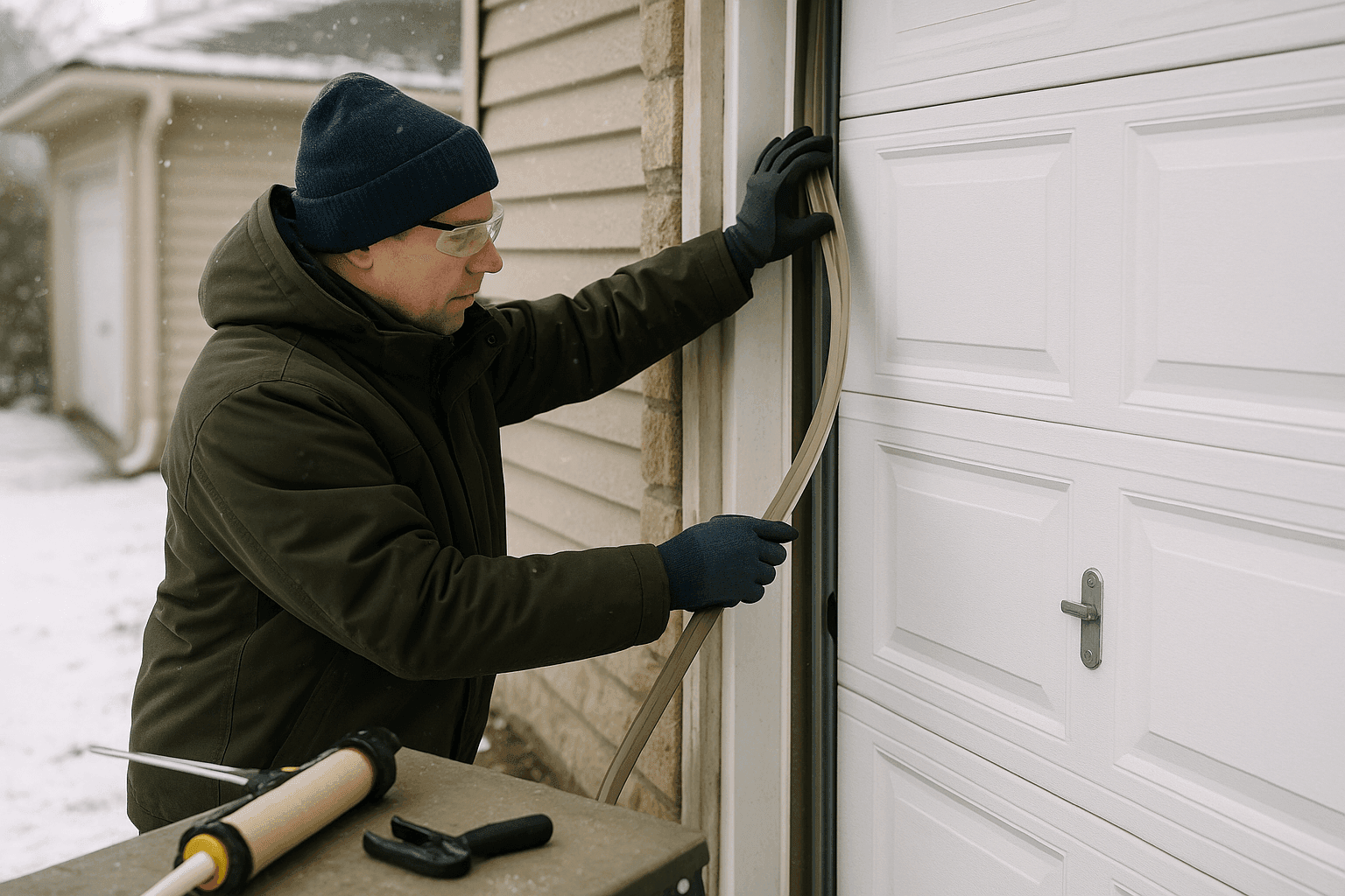 Propietario instalando burletes en puerta de garaje en invierno
