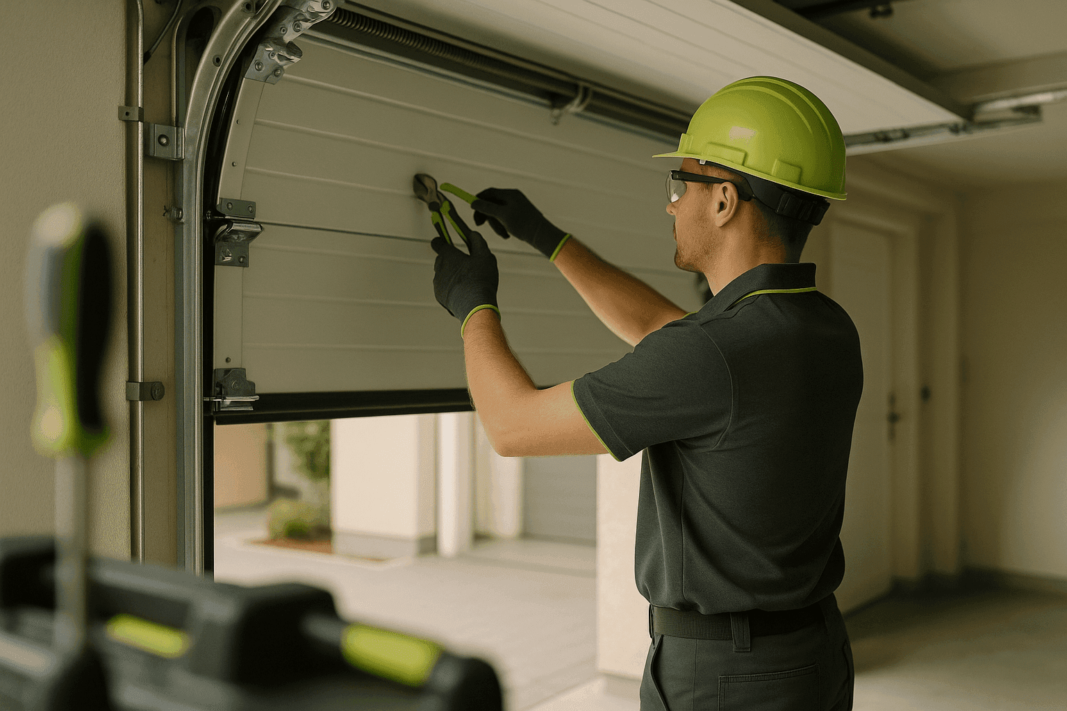 Professional garage door technician in PPE working on a partially open garage door