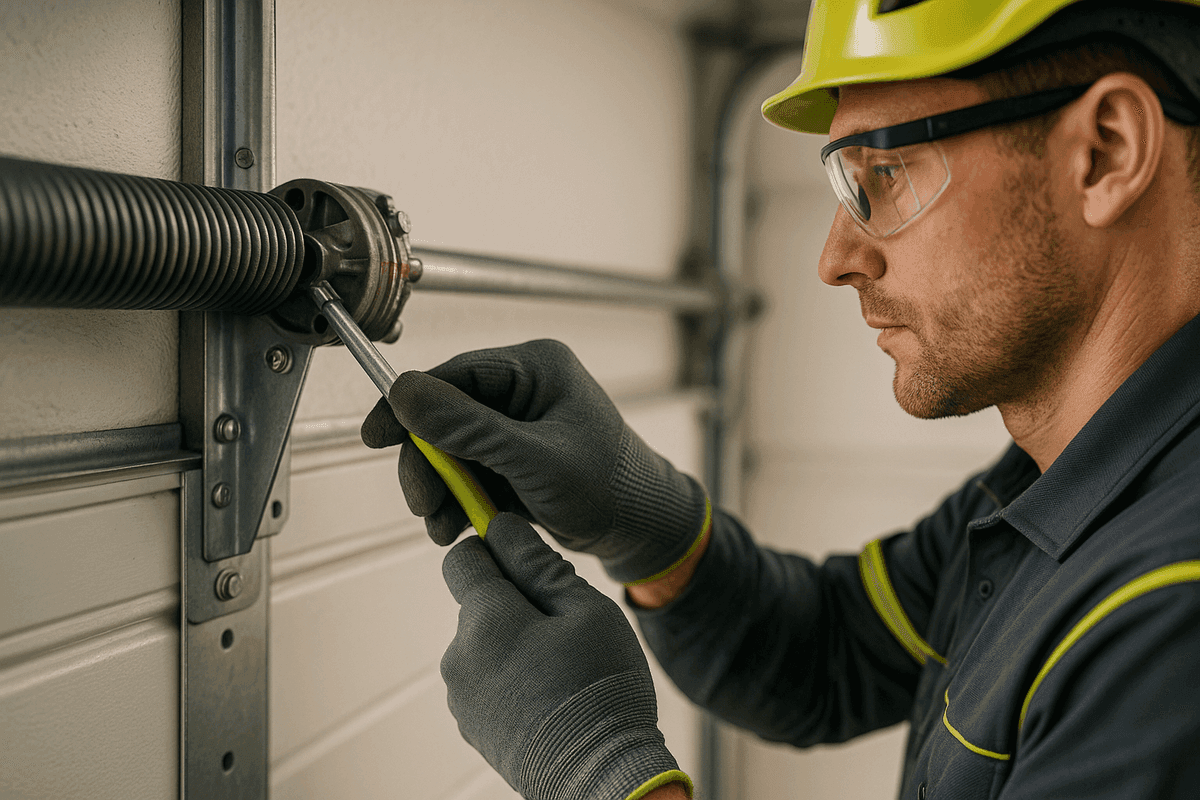 Close-up of technician's gloved hands adjusting garage door spring mechanism